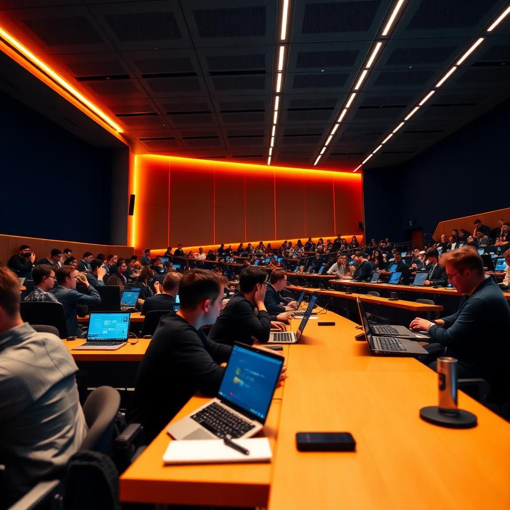 University students collaborating on laptops in a modern digital classroom