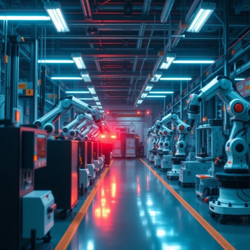 Smart factory floor with connected industrial machinery and IIoT sensors monitored by engineers